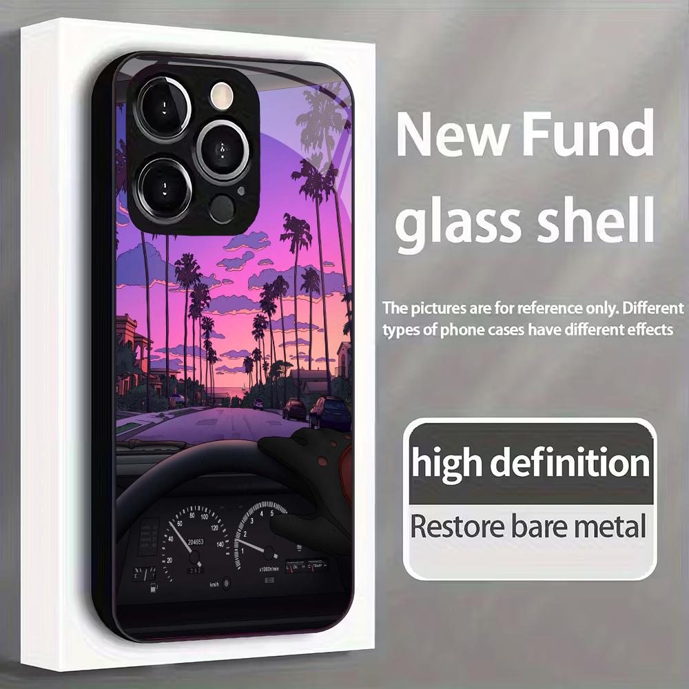 Highway sunset tempered glass phone case suitable for iPhone17 16 15 14 13 12 11Pro/Max/Plus anti drop and shockproof back cover