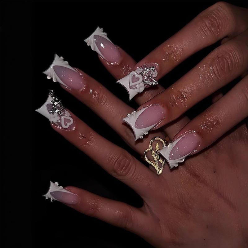 24 Милых Нежных Бабочка Сердце Стразы Носимые Ногти - Стильный Ins Дизайн
