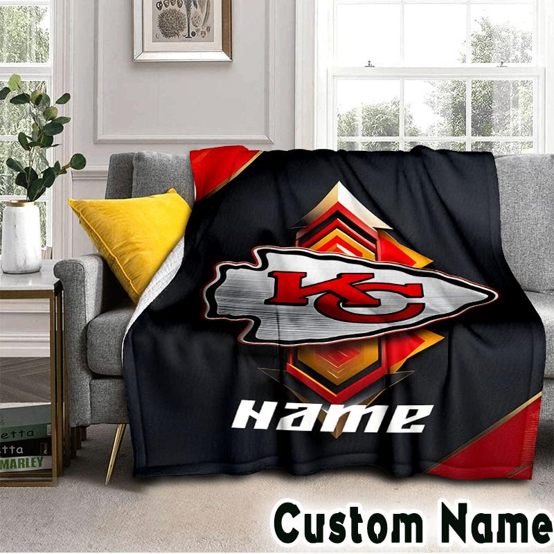 Custom Name Kansas City Chiefs Logo Throws Blanket Flannel Blankets for Couch Bed Gifts for Men Women Picnic Blanket Christmas Fan Gifts