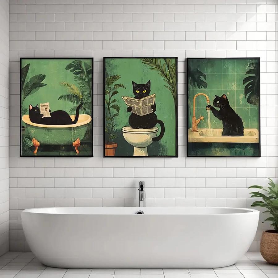Arte de Pared en Lienzo Gato Negro Leyendo el Periódico en el Baño