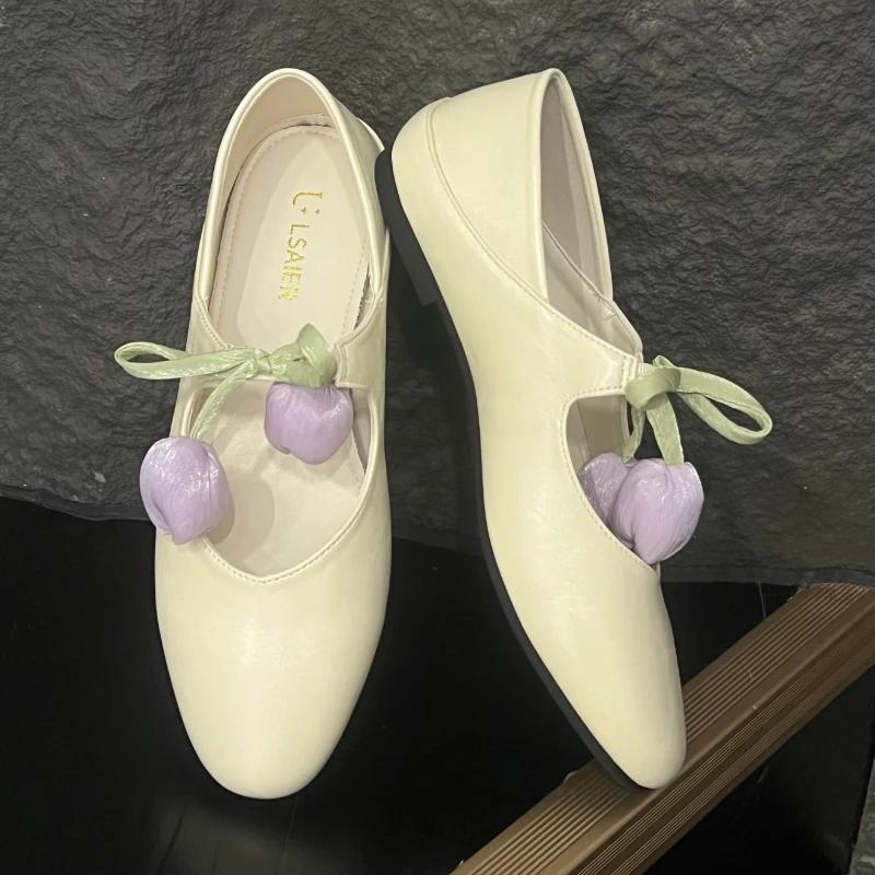 

Туфли Мэри Джейн на плоской подошве с цветочным дизайном и круглым носком для женщин, удобные, на низком каблуке, дизайнерские балетки, элегантные туфли-лодочки для платья 35 бежевый