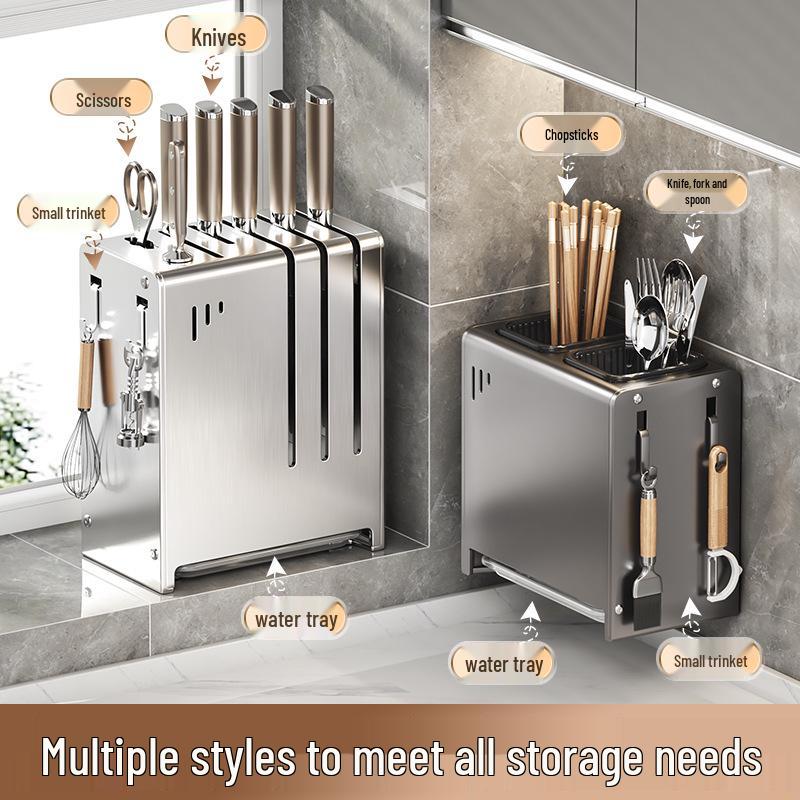 Stainless Steel Wall-Mounted Chopstick & Knife Holder with Drip Rack