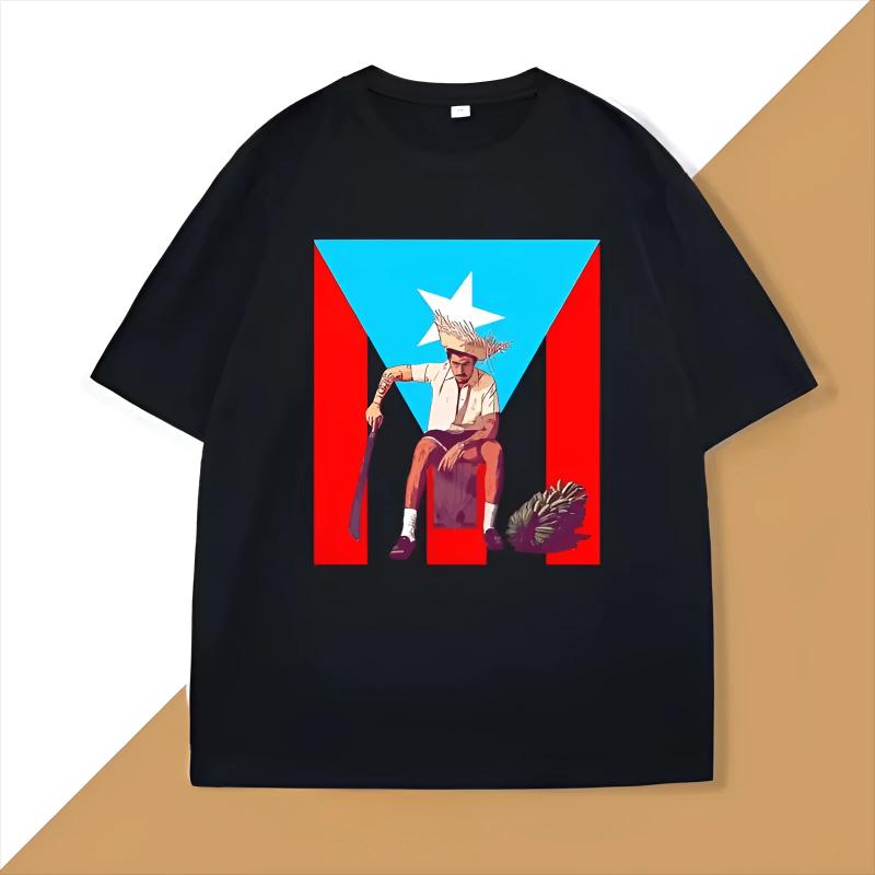 

Puerto Rican rapper Bad Rabbit patterned mens cotton shirt Y2K hiphop style Vneck short sleeve oversized t shirt S