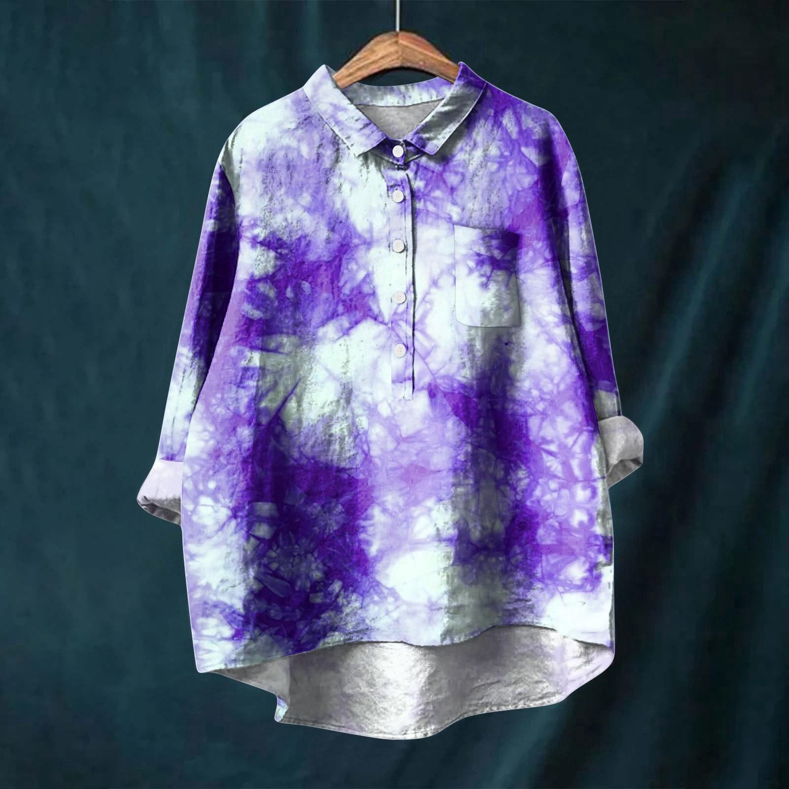 

Женская рубашка с длинным рукавом на пуговицах, ретро градиентный принт, повседневная, с неровным подолом, с воротником L фиолетовый