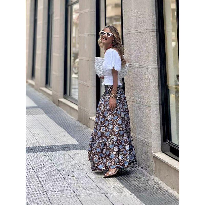 

Bohemian Style Autumn New Elastic High Waist Small Floral Frill Big Hemline Skirt Long dress Women S-3XL Curry color 2XL