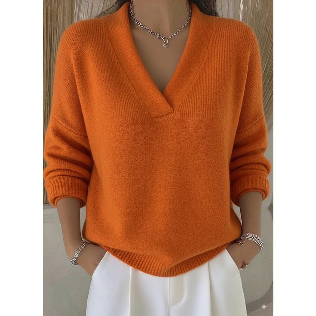 Fall Winter Women's Solid Knit V-Neck Loose Sweater Casual Fashion Pullover Tops for European American