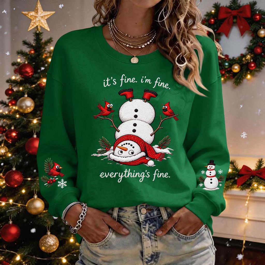 Women's Casual Christmas Print Long Sleeve Neck Pullover Top for Holiday Parties