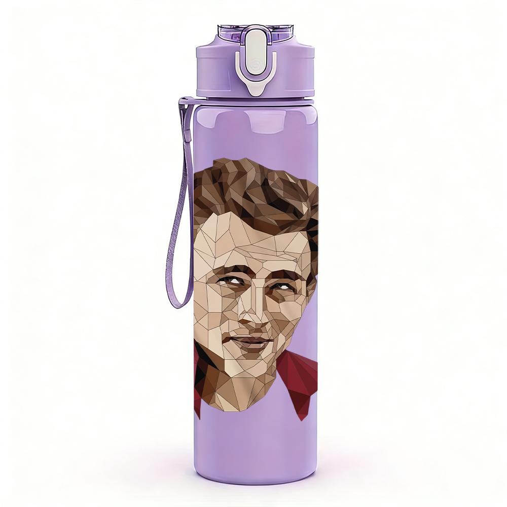 1PC Retro young male actor portrait print 750ml colorful plastic sports water bottle leakproof pop up lid with straw for outdoor work home use