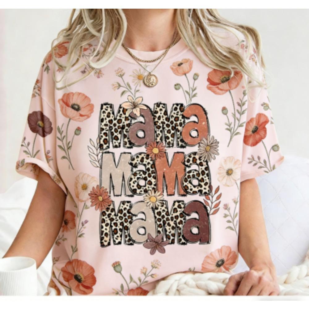 Fashion Funny Flower Leopard Mama Letter Print Women's Short Sleeves T-Shirt Loose Casual Summer Outdoor Street Women's Tees Tops