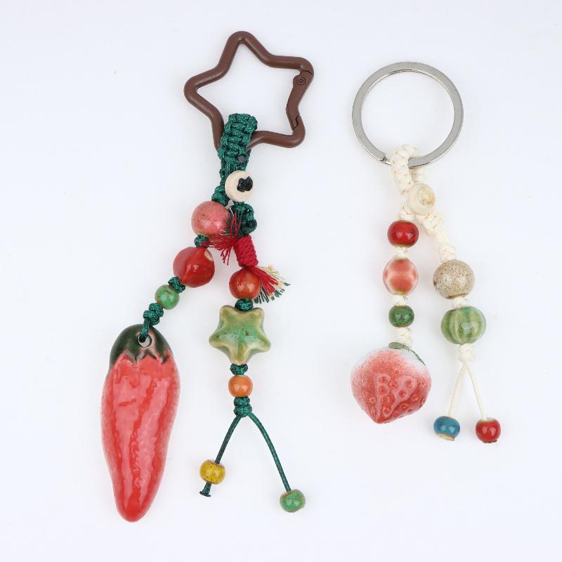 Handmade Ceramic Strawberry Pepper Keychain Vintage Style Smooth Surface Key Ring for Purse Hanging Decoration Gift