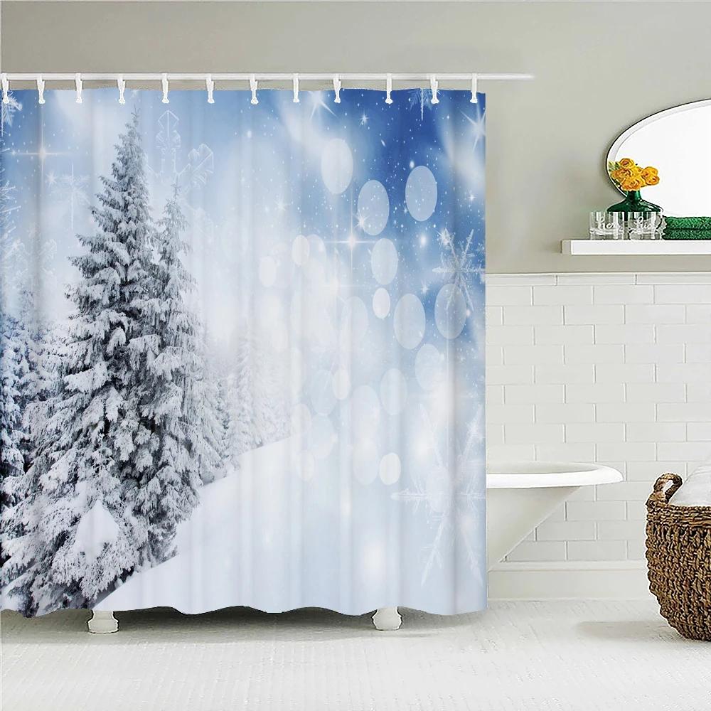 Christmas Shower Curtain Waterproof Fabric Snow Scene Cedar Trees landscape Print Shower Curtains for Bathroom Shower with Hoo