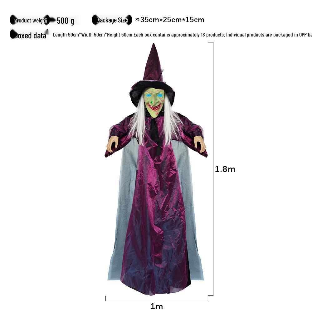 Fioletowy, aktywowany dźwiękiem, świecący, krzyczący wisiorek wiedźmy na Halloween, dekor do nawiedzonego domu