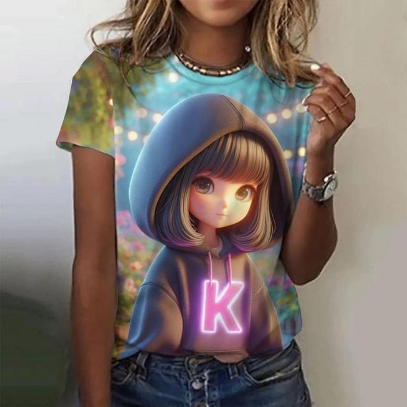 Stampa Cartone Animato Bambina Carina T-shirt da Donna Estate Nuove Maniche Corte T-shirt Moda Larga Street Scollo a O Abbigliamento Donna Top