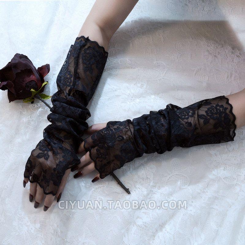 

Harajuku Lolita Black Punk Goth Lace Fingerless Gloves Rose Pattern Oversleeve Oversleeves Accessories Cos Black