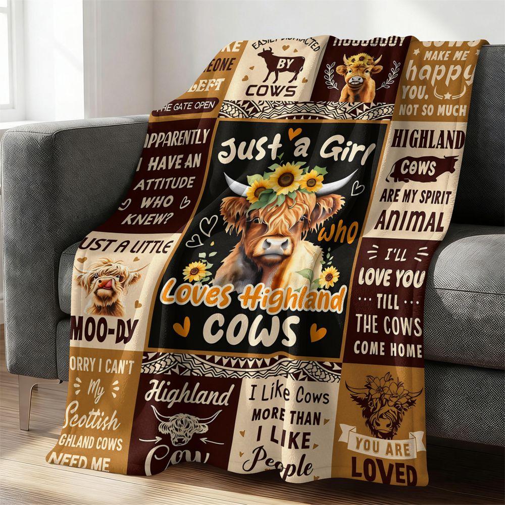 Highland Cow Print Flannel Blanket Soft Cozy Throw for Bed Sofa Cute Scottish Highland Cow Decorative Gift Blanket Home Decor