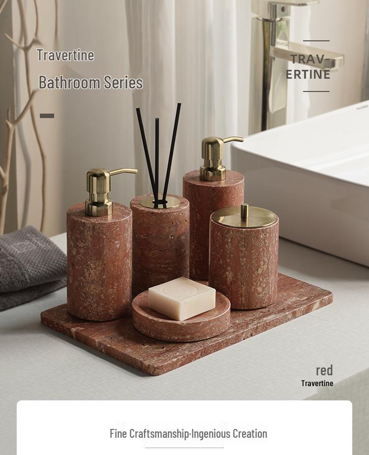 DecoTalk Wabi-sabi Red Travertine Bathroom Washbasin Set with Aromatherapy Tissue Box Tray