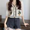 Flower Embroidery Chiffon Sleeve Shirts Button Front Short Top New Crochet Blouse  Women