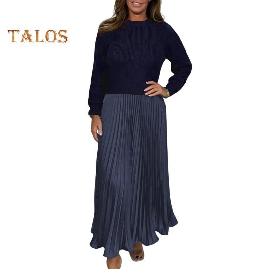 

Осенне-зимнее женское платье, имитация двухсекционного трикотажного свитера, плиссированная юбка, лоскутное платье с длинными рукавами и круглым вырезом, А-силуэт, макси-платье 3XL синий