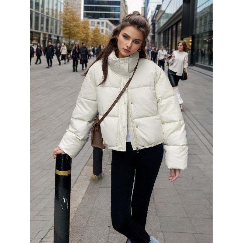 Women Autumn Winter Short Solid Color PU Leather Thicken Outwear Loose Cotton Padded Stand Collar Warm Jacket Coat