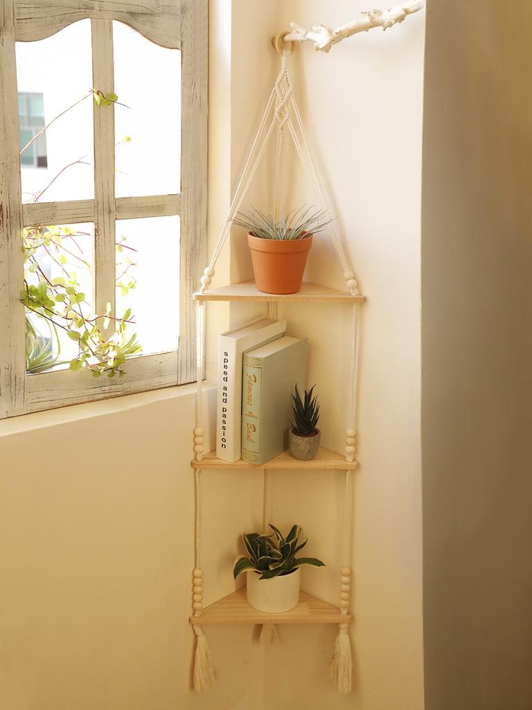 Makramee Hängeregal Boho Wandbehang Handgefertigte Seile Rustikales Holz Schweberegal Hängende Ecke Wandregal Schlafzimmer Dekoration Geschenke