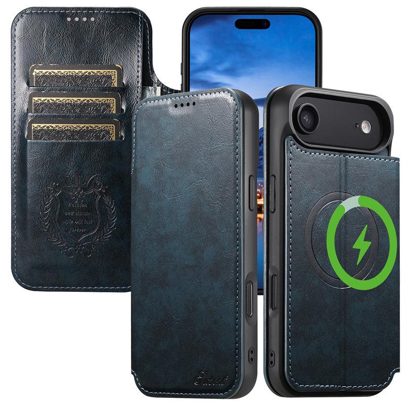 Magnetische Klapp-Brieftaschenhülle für iPhone 12/13 - Ölwachs-Leder, Magnetisches Laden, Kompatibel mit Apple 16/17 Pro Max