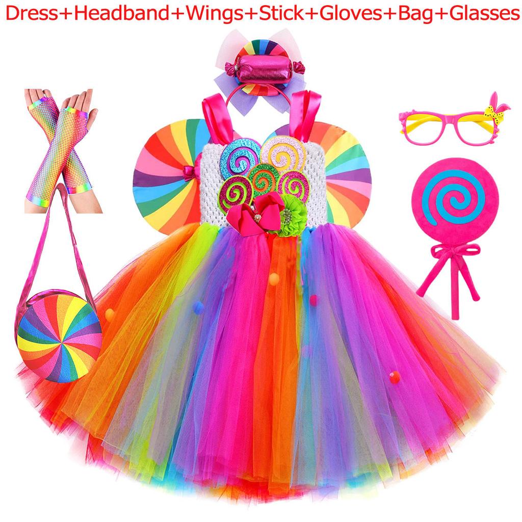 Rainbow Tutu Dress Cute Girls Sweet Lollipop Cosplay Dress up Purim Festival Celebration Costume Candy Design Girls Tutu Dress