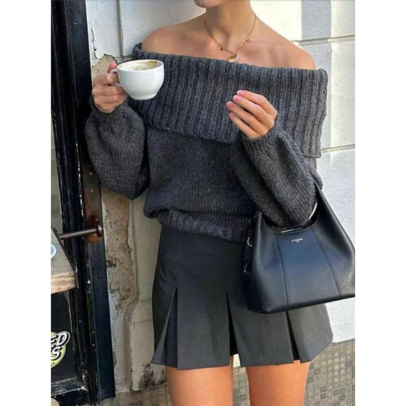 

Autumn Winter Off-Shoulder Simple Solid Color Women s Knit Sweater Slimming Effect Versatile Lantern Sleeve Warm Sweater XL
