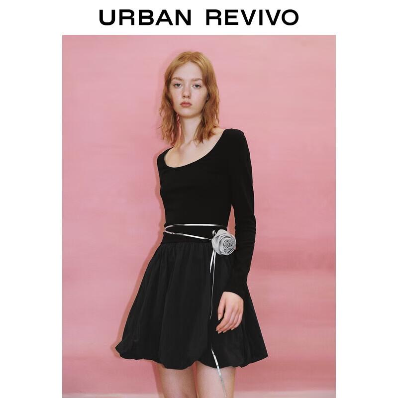 UR French Style Knit-Woven Splicing Long Sleeve A-Line Dress S