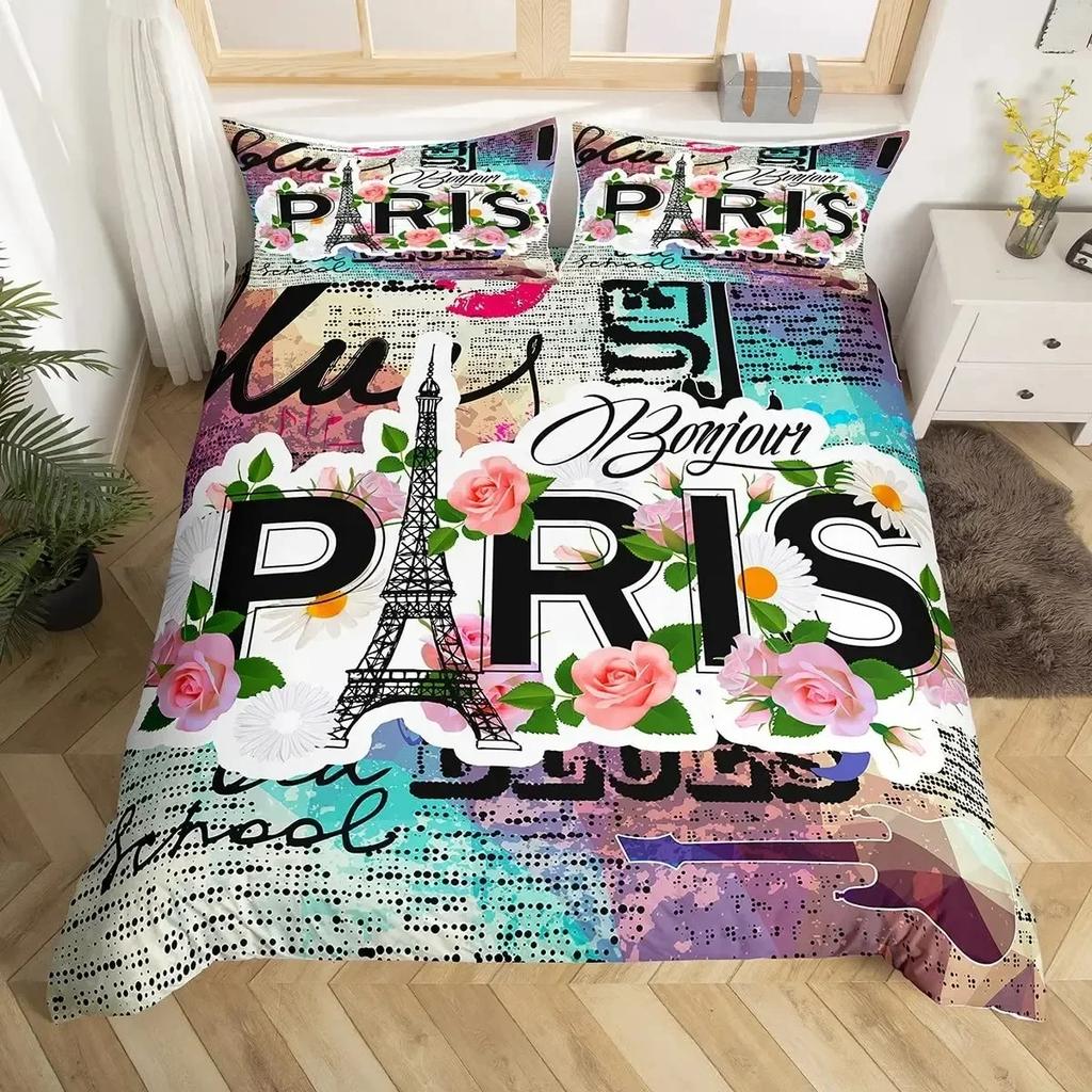 Eiffel Tower Paris France Old Newspaper Style 3D Duvet Cover Bedding Set Comforter Linen Pillowcases Home Decor Single Double