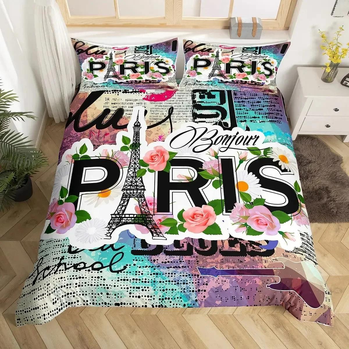 

Eiffel Tower Paris France Old Newspaper Style 3D Duvet Cover Bedding Set Comforter Linen Pillowcases Home Decor Single Double 135x200cm