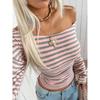 Nuova T-shirt a righe a maniche lunghe da donna, con scollo rotondo, spalle scoperte e vita stretta, top a tracolla per Europa America