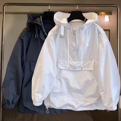Jaqueta com Capuz Estilo Japonês Masculina com Bolsos Grandes - Corte Amplo, Roupa Casual de Trabalho para Primavera e Outono.