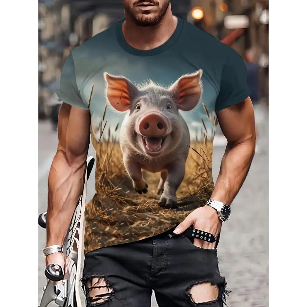 Full Print Men's Funny Pig Graphic T-Shirt Clothes Summer Short Sleeve Round Neck Casual T Shirts Top Men Novelty Animal Tshirts