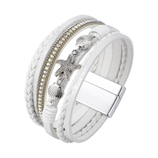 Damen geflochtenes Armband mehrlagig böhmisch Kunstlederseil Seestern Muschel Dekor Sicheres Verschluss Armband Handgelenk Accessoire