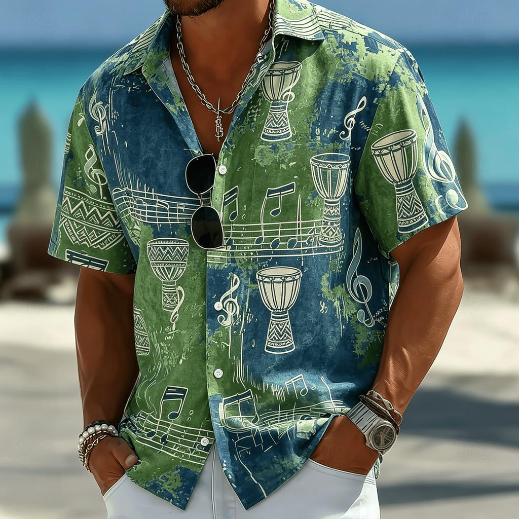 Men's Music Note Print Short Sleeve Shirt, Blue and Silver Style for Spring and Summer, Beach Vacation Casual Wear