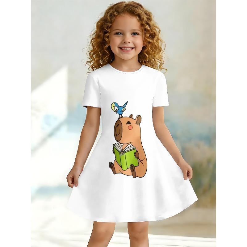 Swinging Dress for Young Children and Girls, Summer Short Sleeved Floral/animal Printed Casual Suitable for Birthday Parties