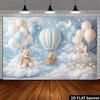 2D Plane Blue and White Hot Air Star Blank Canvas with Small Bear Background. Cloudy Sky Paired with Macaron Balloons.
