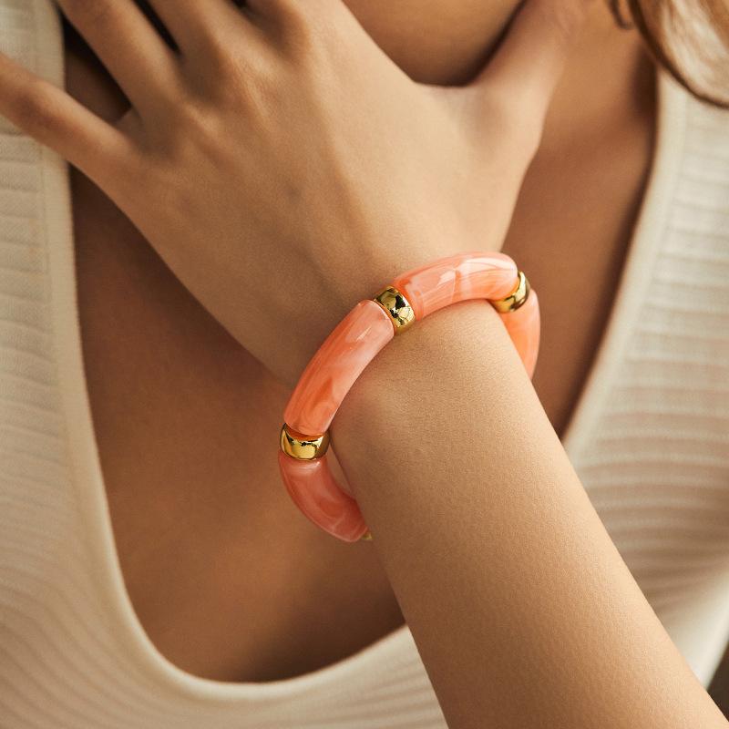 Mixed Color Bamboo Tube Acrylic Elastic Bracelets For Women Men  Resin Chunky Elbow Beaded Bangle Stack