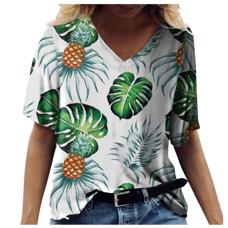 Ny fransk dame V-hals Kontrast Fritid V-krage T-skjorte med blomstertrykk 2023 Vår Sommer Slim Fit Kortermet T-skjorte for kvinner