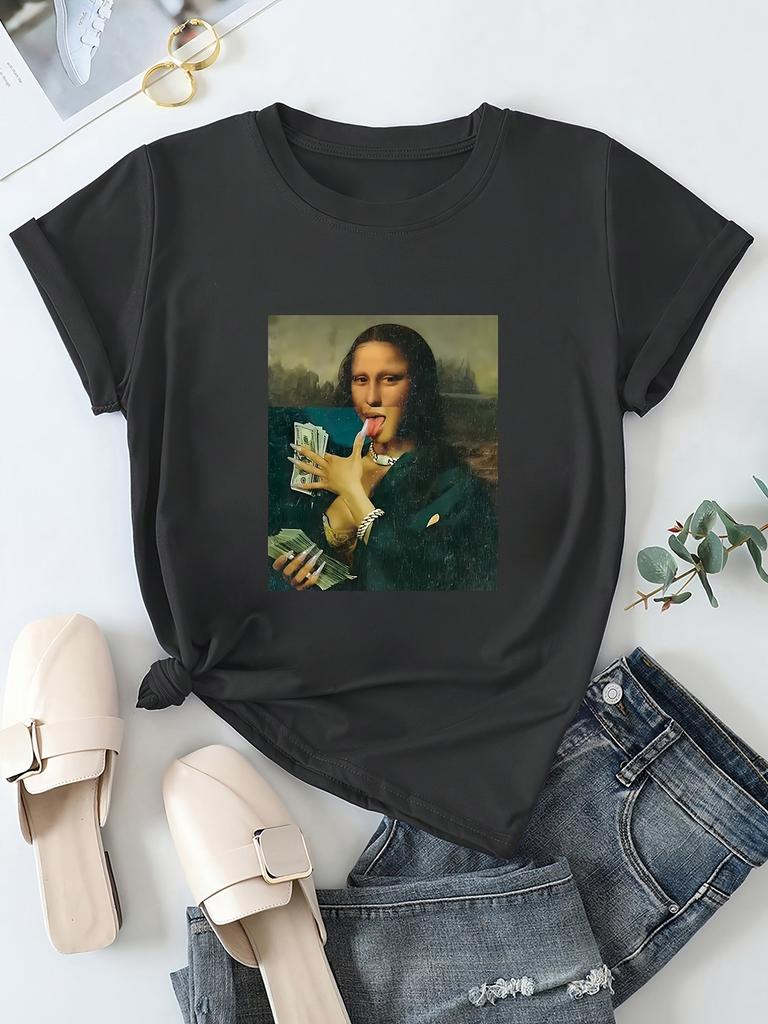 Tricou Damă Parodie Mona Lisa Cash - Grafică Artistică Amuzantă, Top Negru Casual
