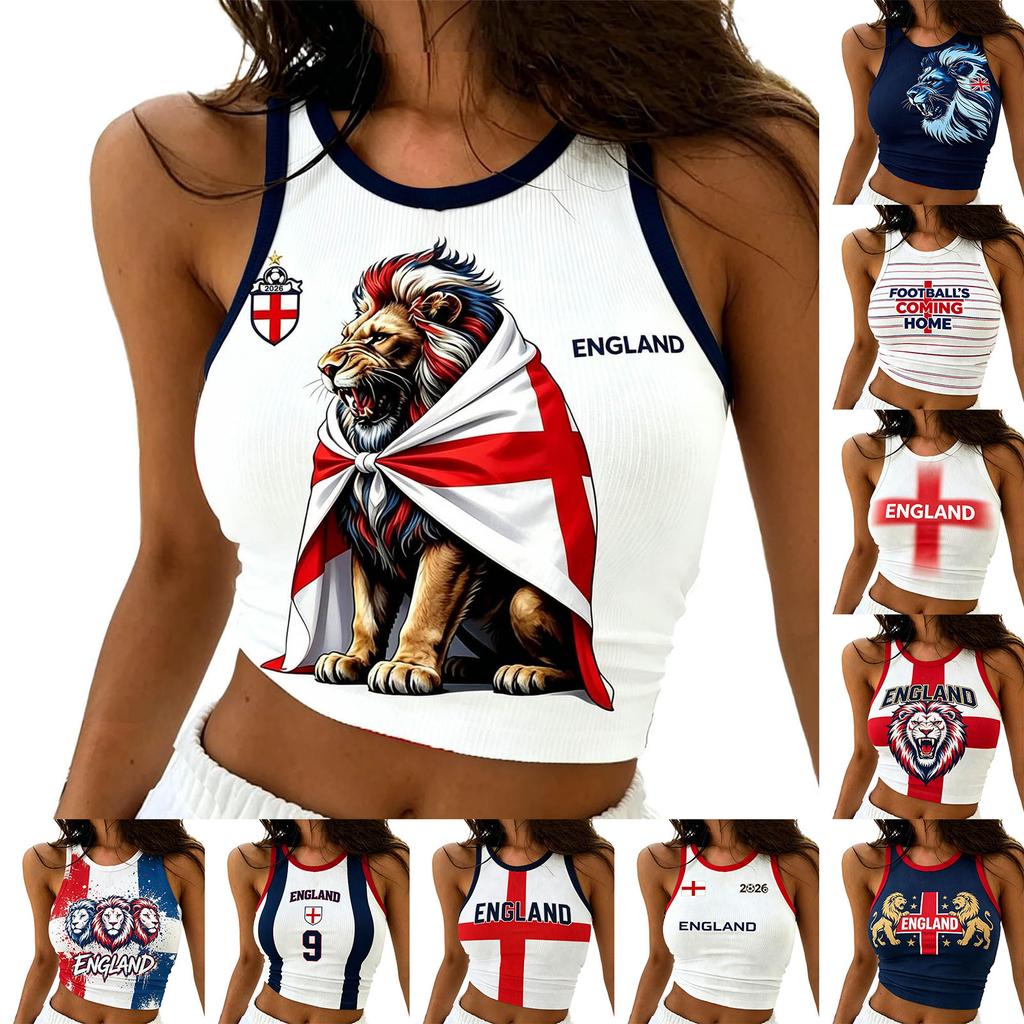 Dames mouwloze crop top Engeland Voetbalstijl Geribbelde tanktop Rugloze design Casual atletische pasvorm Zomerkleding