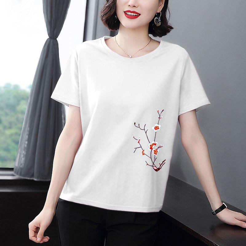 Dam Kortärmad Bomull Kortärmad Lös Enfärgad T-shirt Rund Hals Bekväma Toppar