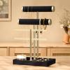 Tabletop Jewelry Display Stand Black Fabric Gold-Tone Holder with Necklace Bracelet Bars, Earring Rails, Ring Tray Base for Vanity Storage