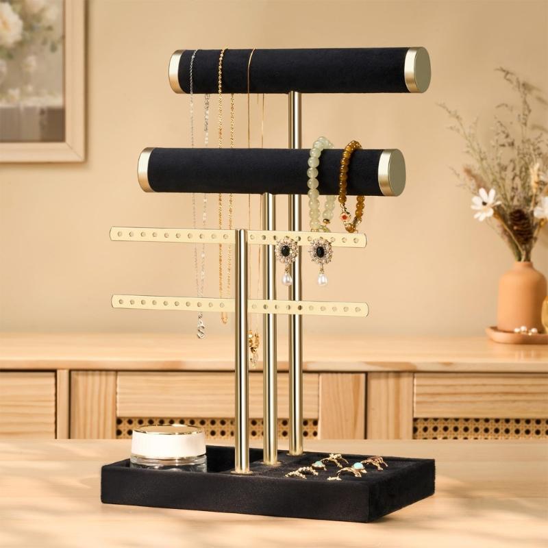 Tabletop Jewelry Display Stand Black Fabric Gold-Tone Holder with Necklace Bracelet Bars, Earring Rails, Ring Tray Base for Vanity Storage