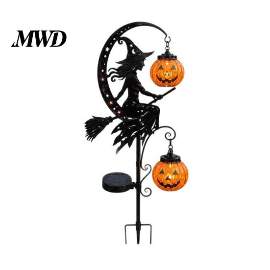 Wetterfeste Herbst-Gartenstecker Halloween Solare Gartensteckerleuchte, Hexe Kürbis Mondlaterne, Metall für Herbst IP44 Wasserdicht Außen Dekoration