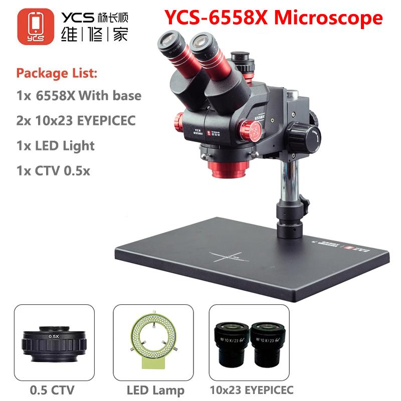 YCS 6558X Ultra HD Trinocular Microscope with Large Base 6.5-58 Zoom 4K Camera for Phone PCB Welding Microscope Tools Set