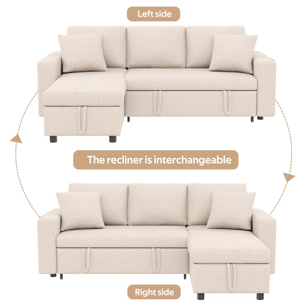 Sofa bed with sleep function, L-shaped sofa, chaise longue with storage space, with pocket storage, left and right interchangeable. Beige.