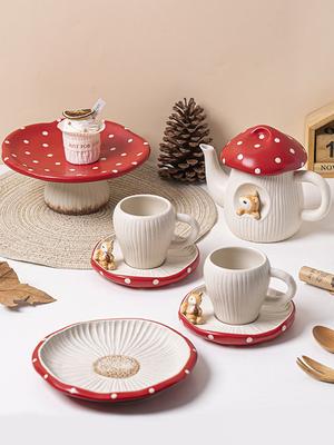 Ceramic Mushroom Coffee Mug with Lid Cartoon Water Kettle Breakfast Milk Cup with Saucer Kitchen Pitcher Drinkware Birthday Gift