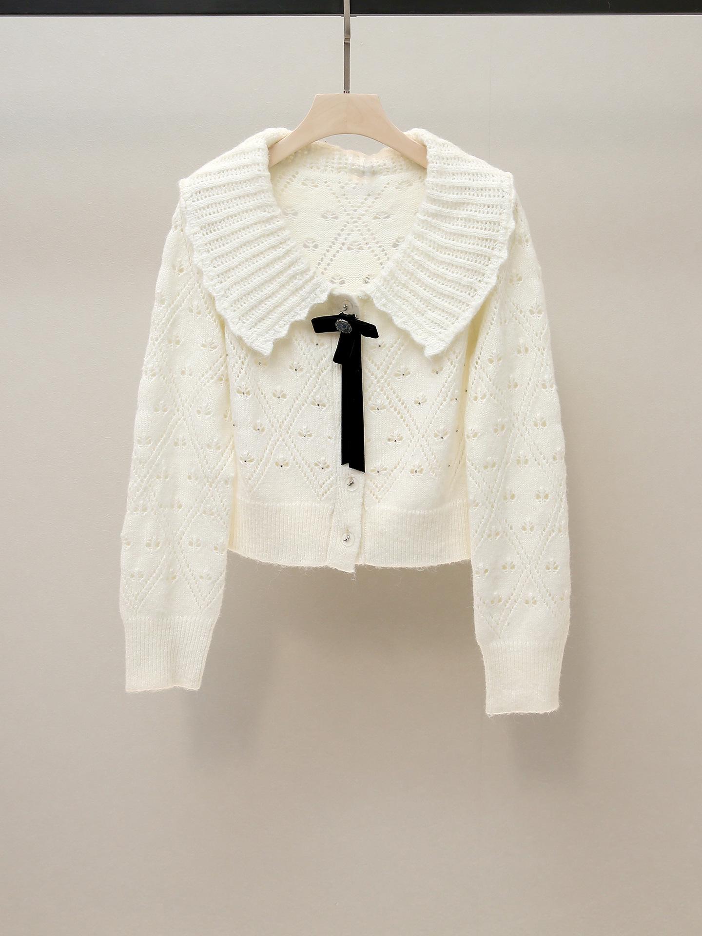 

Осенний французский милый вязаный топ с бантом и воротником Питер Пэн Large белый