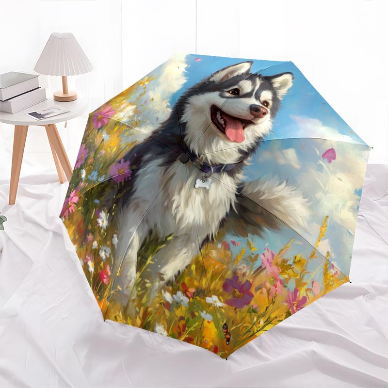 Husky and Grass pattern, automatic folding umbrella, portable and foldable design, 8 ribs, a Christmas or birthday gift.